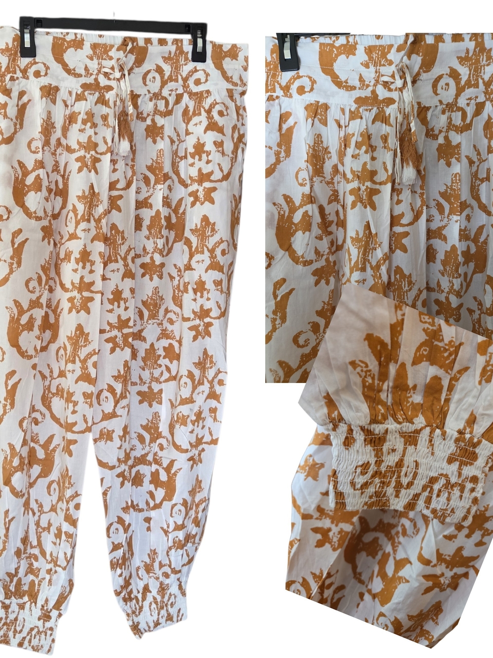RHEA Women's White and Mustard Printed Drawstring Pants, LIGHT WEIGHT